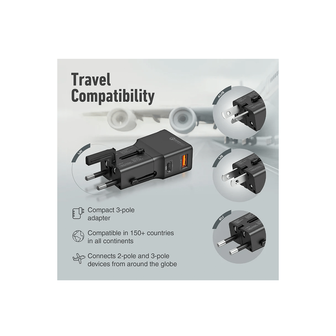 Promate TriPlug-PD20 Sleek Universal Travel Adapter with 20W Power Delivery & Quick Charge 3.0 - Black in Qatar Promate TriPlug-PD20 Sleek Universal Travel Adapter with 20W Power Delivery & Quick Charge 3.0 - Black in Qatar